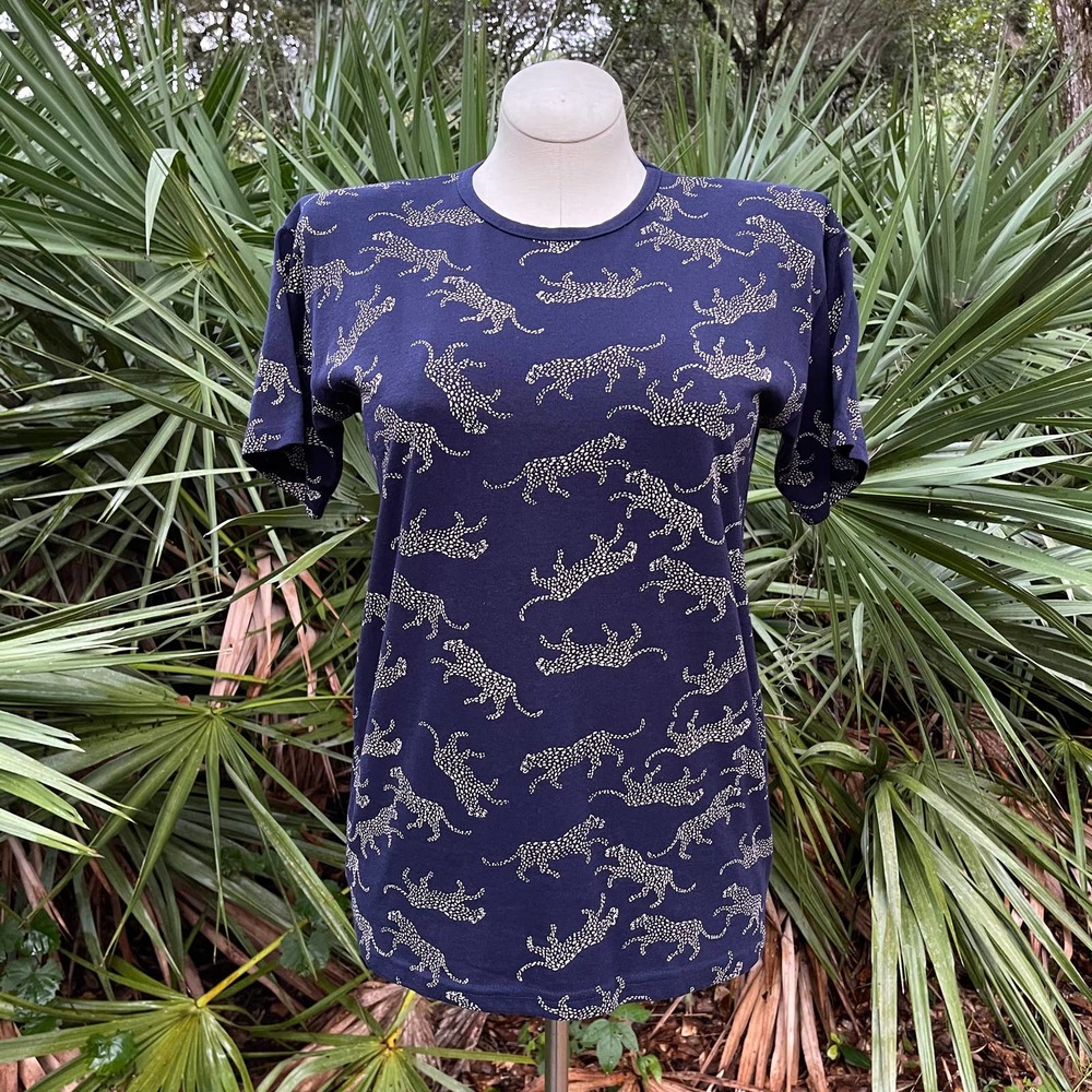 Vintage 90s Blue Leopard Cheetah Tee Shirt Cotton Kavio Designs Size M L - Picture 1 of 9